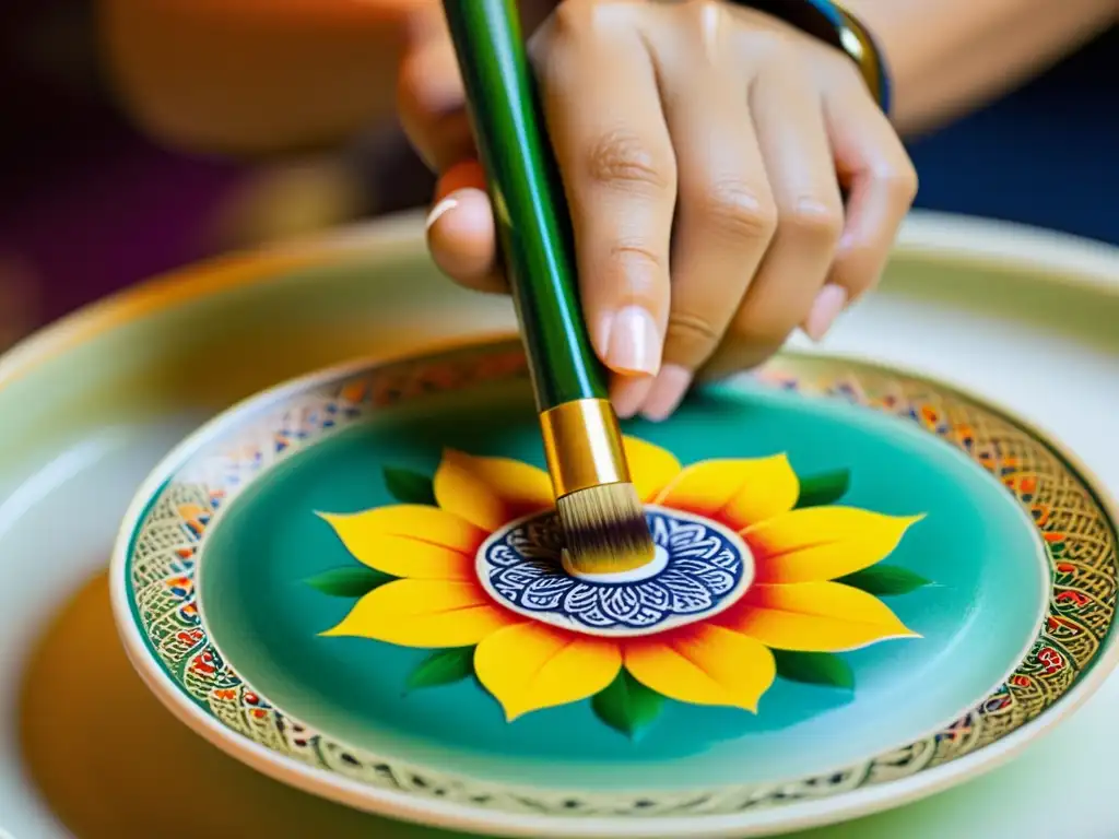 Un artesano tailandés pinta con precisión patrones florales en cerámica Benjarong, mostrando la belleza del arte cerámica tailandesa Benjarong