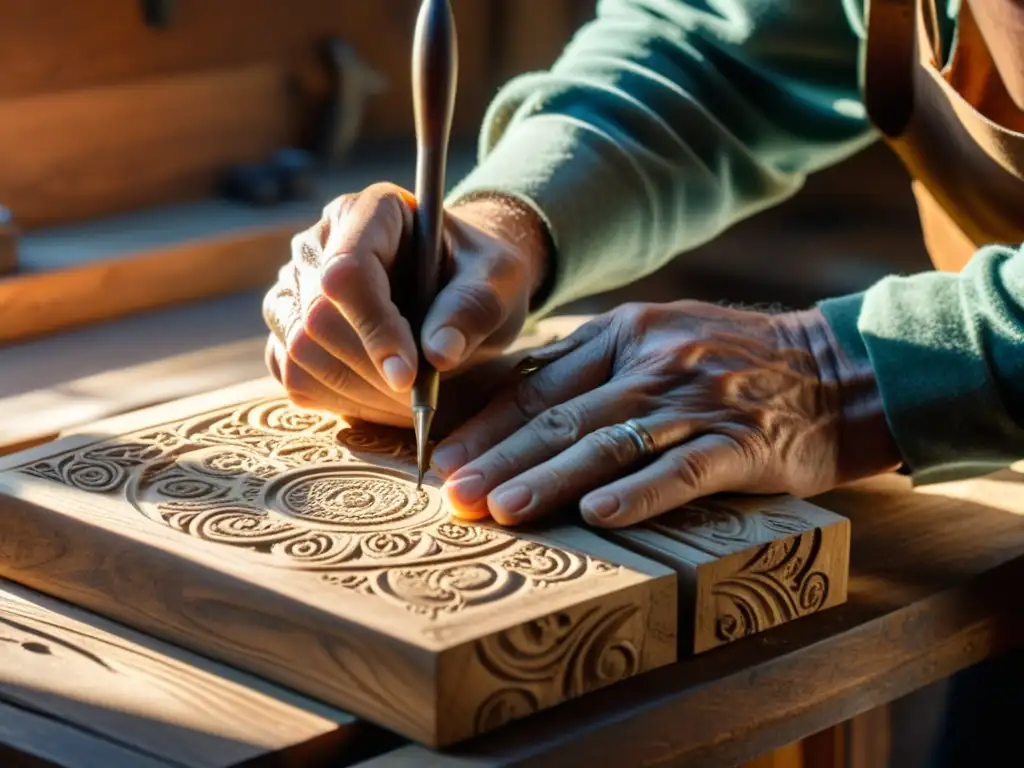 Un artesano talla con maestría un diseño de ediciones limitadas exclusivas en madera, evocando tradición y artesanía atemporal