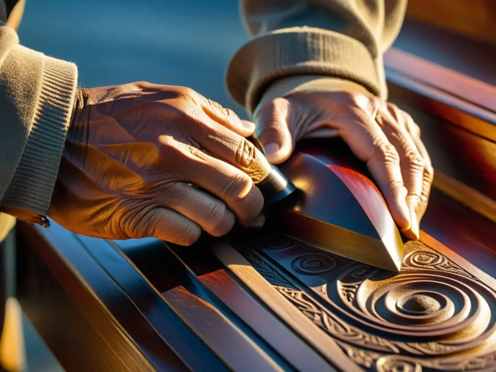 Maestro artesano tallando un barco de caoba Un artesano talla patrones artísticos en carpintería náutica en un antiguo casco de barco de caoba