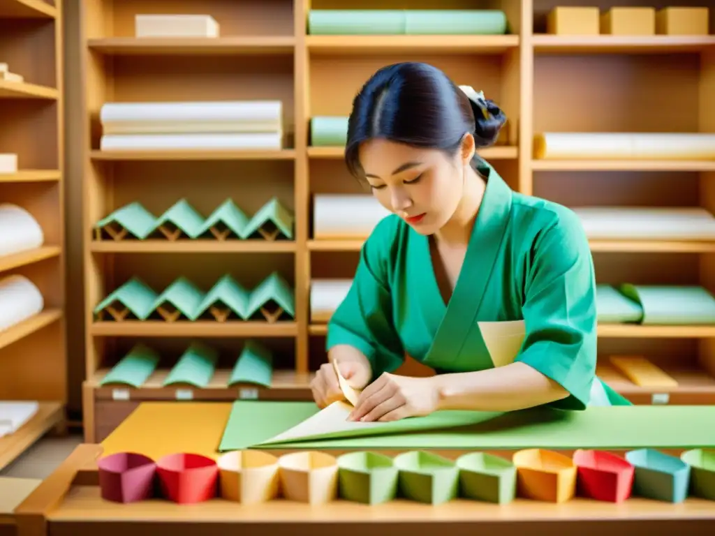 Un artesano en un taller japonés crea patrones de origami en Tokio, con papel vibrante y cálido ambiente nostálgico y profesional