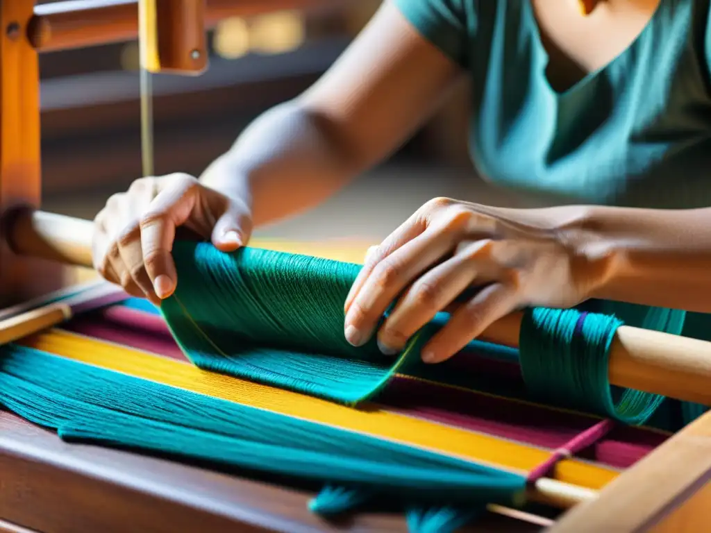 Un artesano teje manualmente en un telar de madera tradicional, creando patrones coloridos y detallados