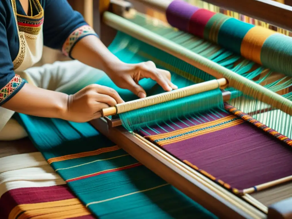 Un artesano trabaja en un telar tradicional rodeado de textiles coloridos y vibrantes