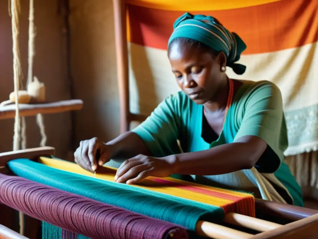 Un artesano en África tejiendo en un telar vertical con hilos vibrantes