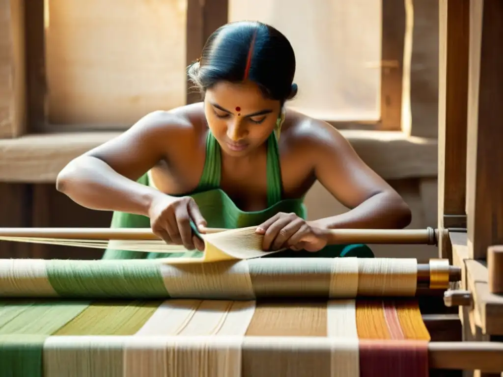 Artesano tejiendo telas Chanderi en telar tradicional con hilos de colores