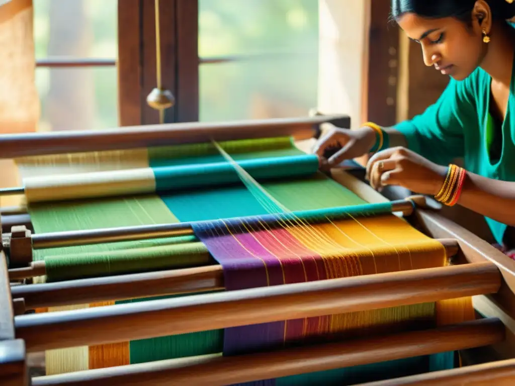 Un artesano textil en la India teje patrones textiles sostenibles con colores vibrantes en un telar de madera, iluminado por luz natural