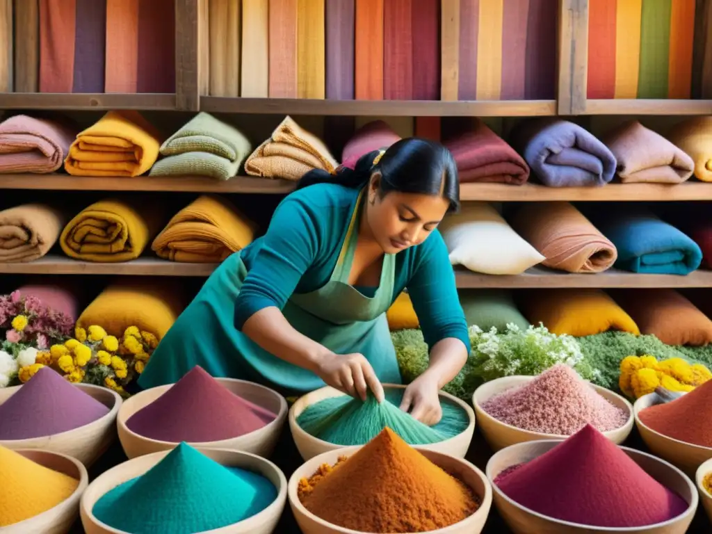 Un artesano textil latinoamericano sumergiendo tela en tintes naturales, rodeado de flores secas