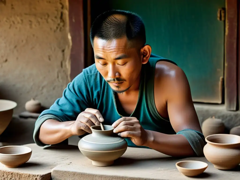 Un artesano tibetano moldea cuidadosamente una vasija de cerámica tradicional, rodeado de paisajes serenos del Tíbet