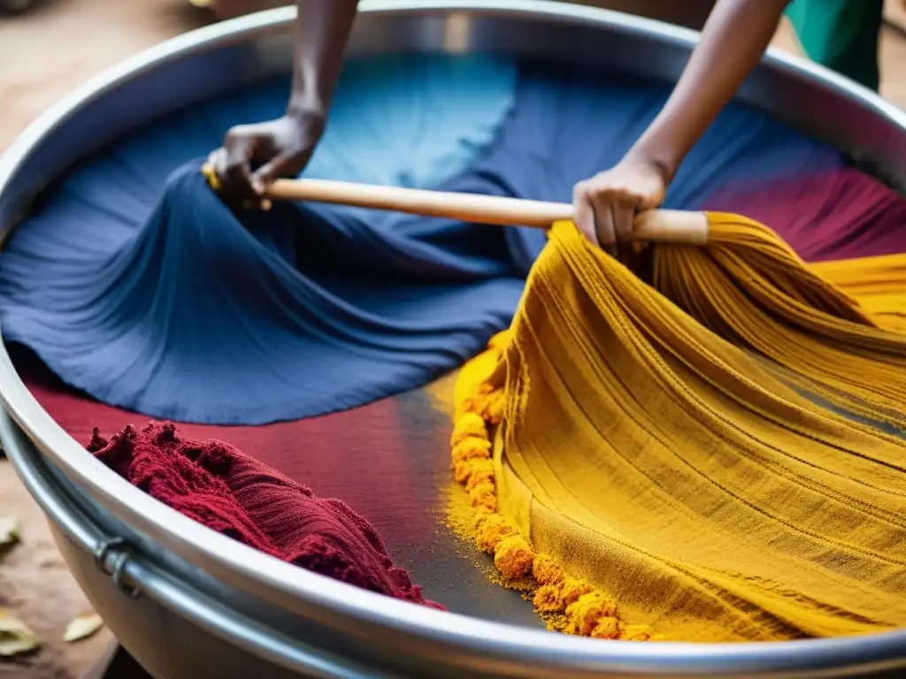 Artesano sumerge tela en tintes naturales India, mostrando técnica ancestral y colores vibrantes