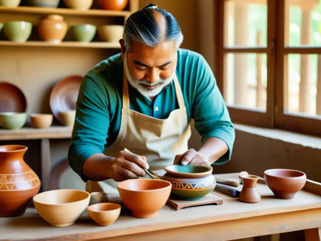 Un artesano tradicional cuidadosamente pinta diseños intrincados en cerámica, preservación arte tradicional licenciamiento