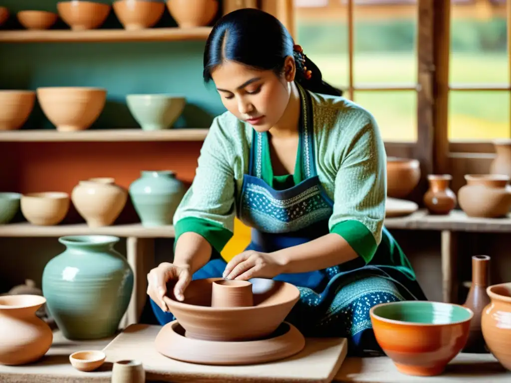 Un artesano tradicional crea patrones artísticos en artesanía local, rodeado de cerámica colorida y textiles intrincados