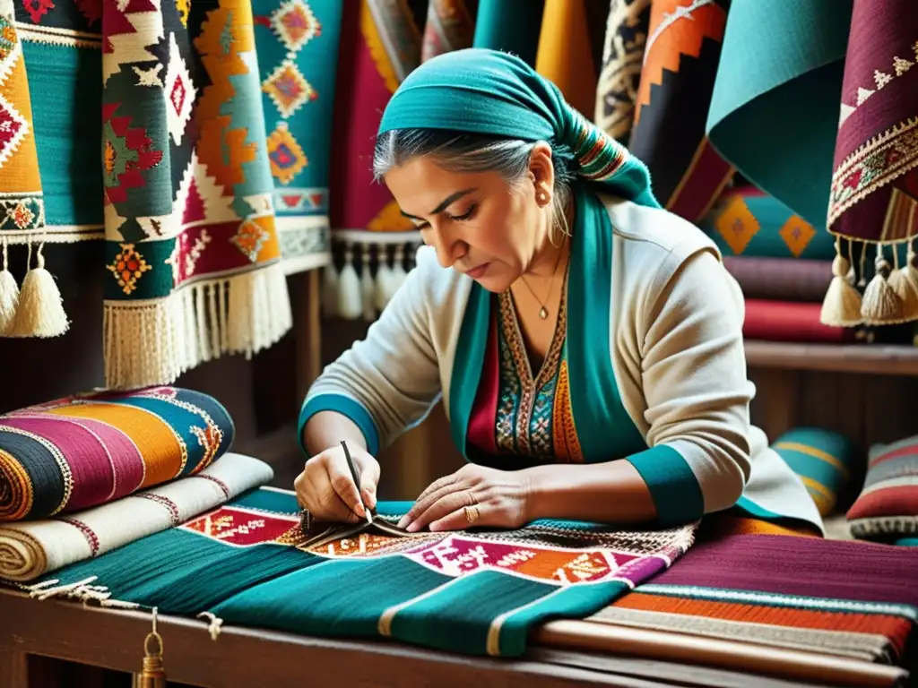 Artesano turco tejiendo un kilim colorido en un bullicioso bazar, capturando el significado de los patrones en las alfombras turcas