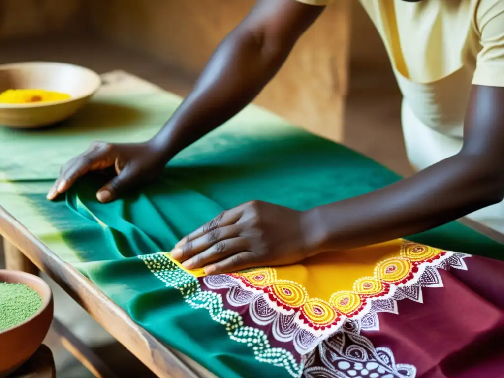 Artesanos africanos aplicando cera en tela para la técnica del batik en África, con colores vibrantes y expresiones concentradas