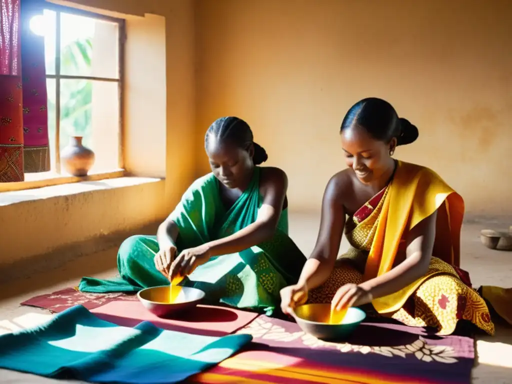 Artesanos africanos aplicando cera y tintes a telas para crear diseños de batik