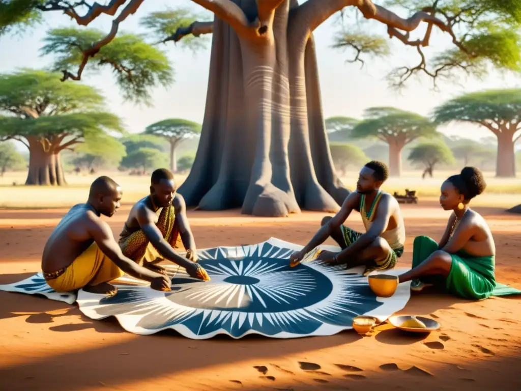 Artesanos africanos pintando diseños tribales emblemáticos bajo un baobab centenario