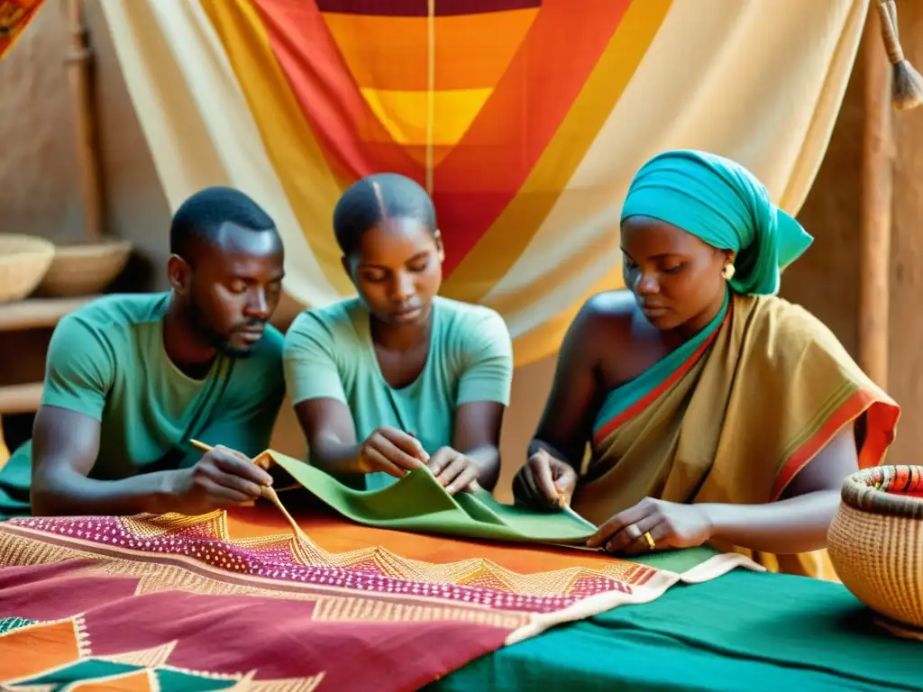 Artesanos africanos crean patrones artísticos de África en tela con tintes vibrantes y expresiones concentradas en cálida luz