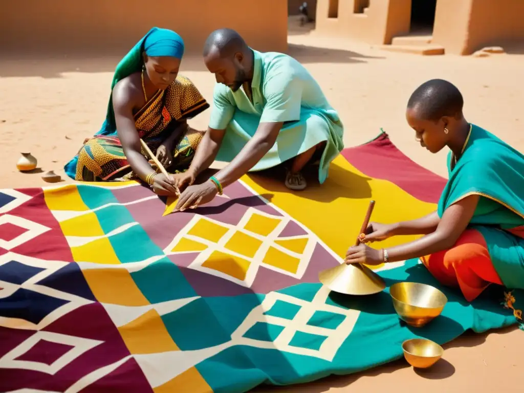 Artesanos africanos pintando patrones en tela, rodeados de instrumentos y textiles