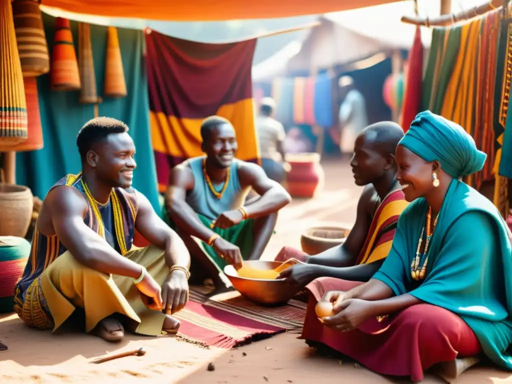 Artesanos africanos tejiendo patrones tradicionales en un animado mercado, evocando la revitalización del arte textil en África moderna