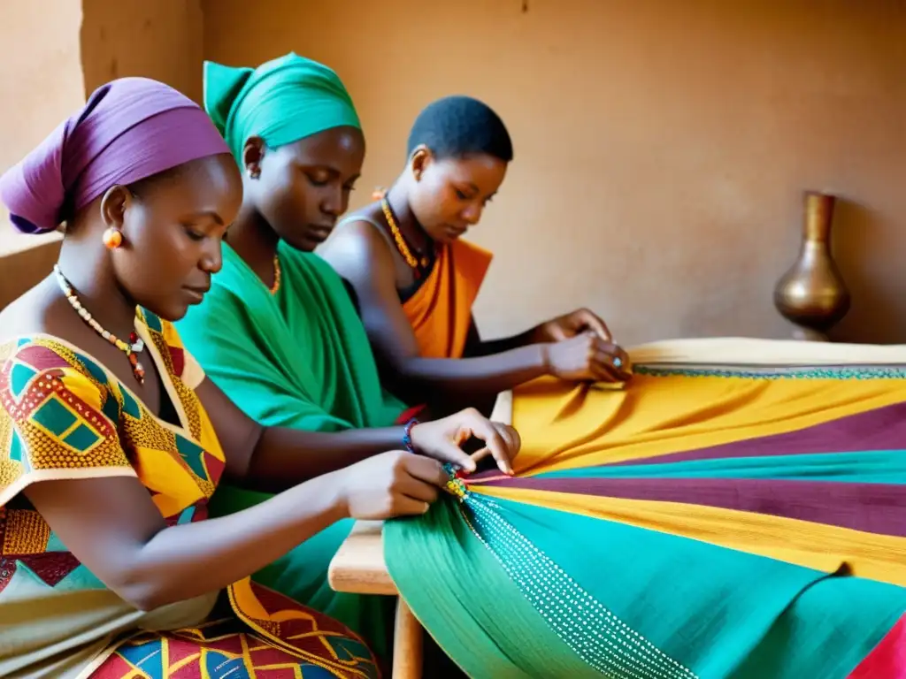 Artesanos africanos restaurando con técnica tradicional tejidos antiguos