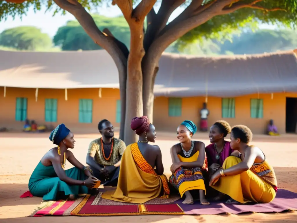 Artesanos africanos practicando técnicas tradicionales en la producción textil, rodeados de coloridos textiles bajo la sombra de un árbol