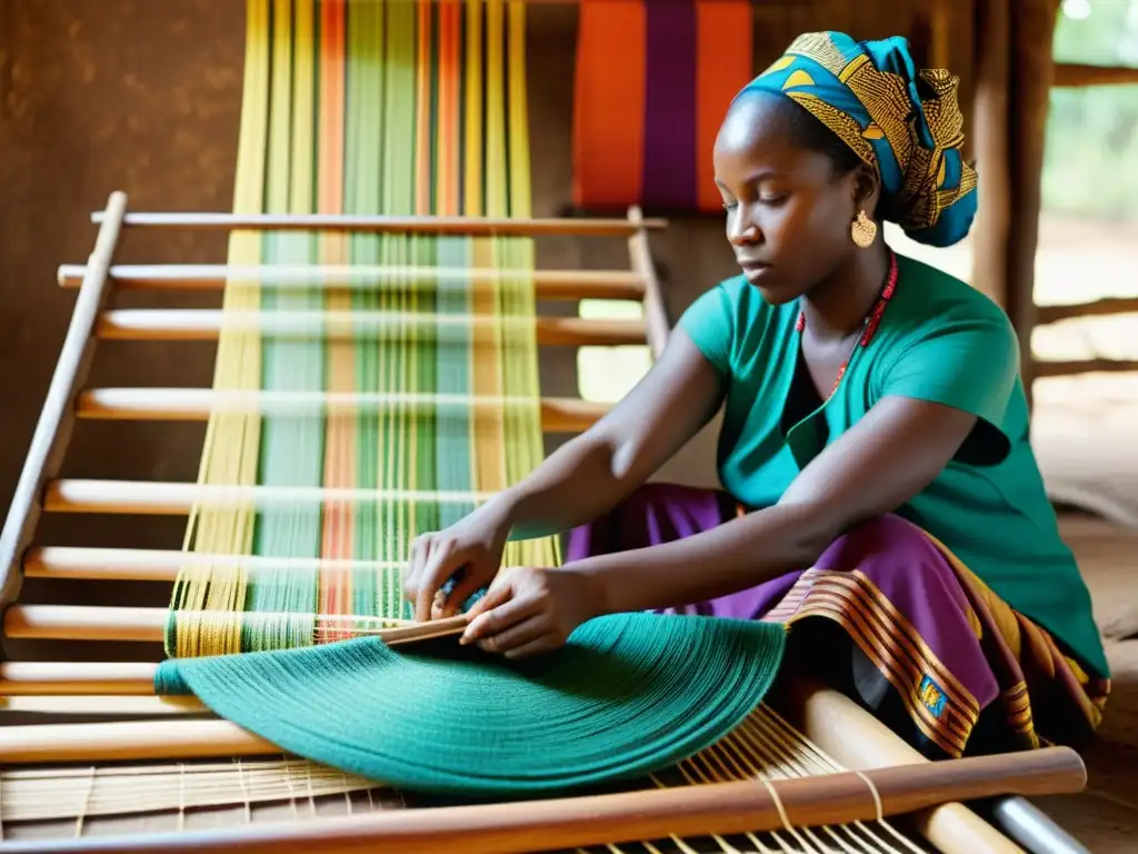 Artesanos africanos tejiendo en un telar de madera con patrones e influencia africana en patrones artísticos