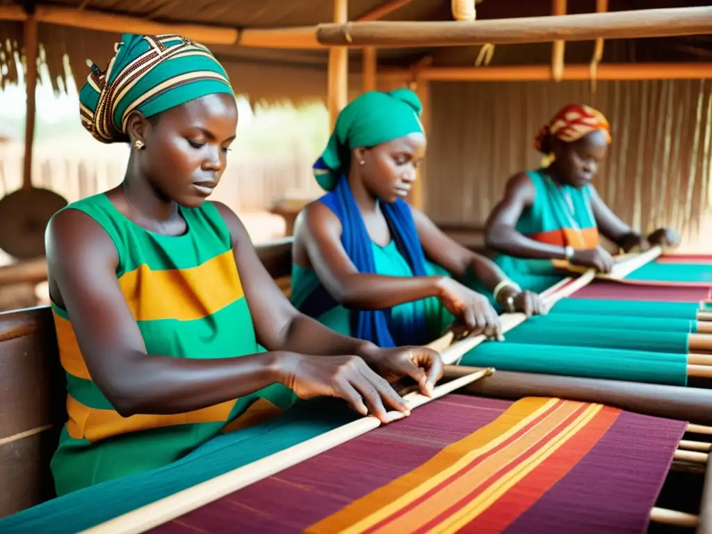 Artesanos africanos tejiendo telas coloridas en telares de madera, evocando la cosmología tribal y la rica tradición de tejidos africanos