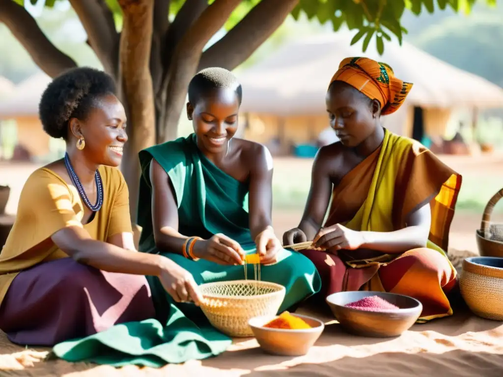 Artesanos africanos tejiendo textiles bajo un árbol, con tintes naturales y prácticas ecológicas de producción textil africana