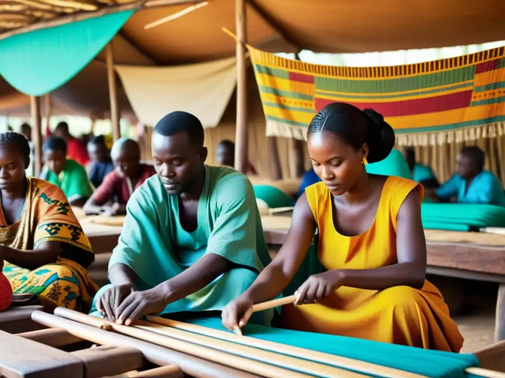 Artesanos africanos tejiendo textiles en bullicioso mercado, mostrando rica herencia cultural y económica de África