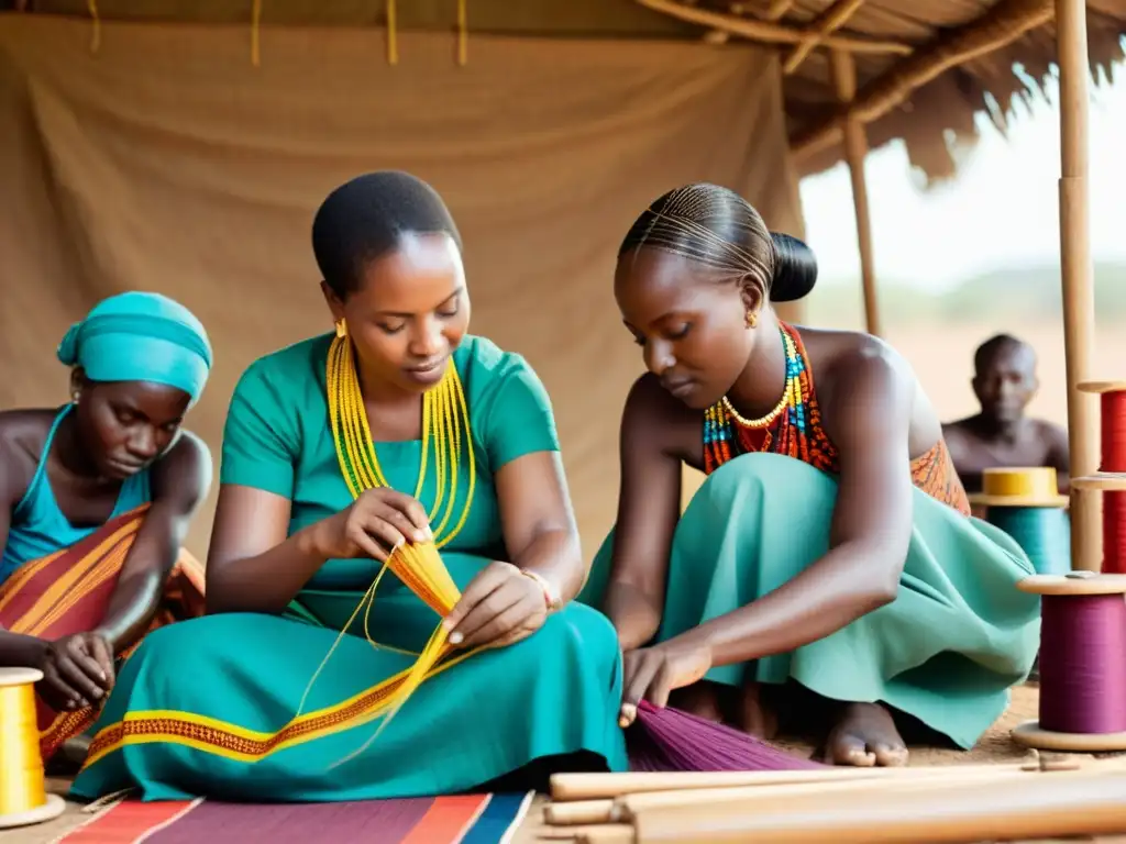 Artesanos africanos tejiendo textiles tradicionales con técnicas ancestrales, en un ambiente de comunidad y herencia cultural vibrante