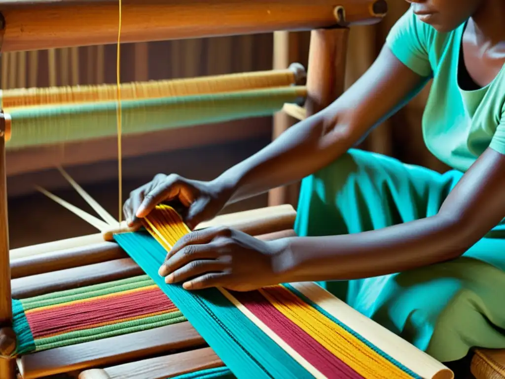 Artesanos africanos tejiendo textiles tradicionales en telares de madera, capturando la rica herencia cultural y destreza en el arte de tejer