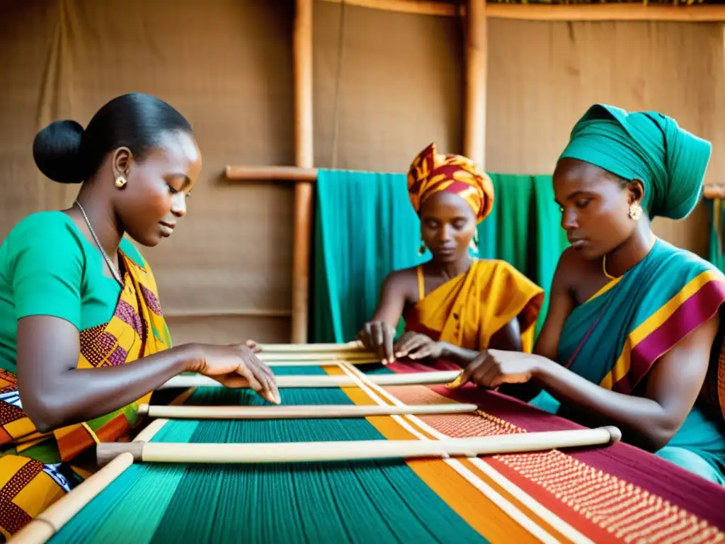 Artesanos africanos tejiendo textiles tradicionales en telares, capturando la esencia del curso online patrones tradicionales indígenas