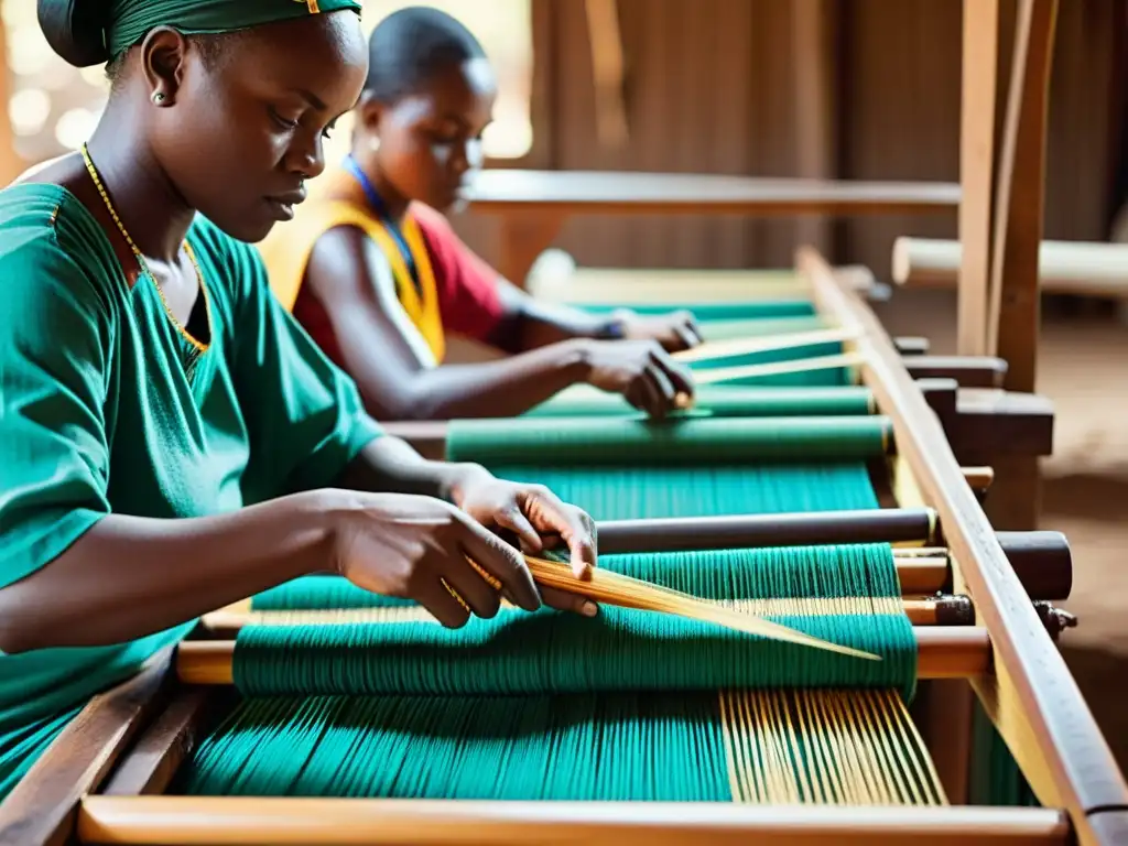 Artesanos africanos tejiendo textiles vibrantes en telares de madera, influencia en diseño occidental