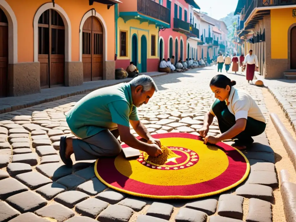 Artesanos creando alfombra de aserrín en pueblo latinoamericano