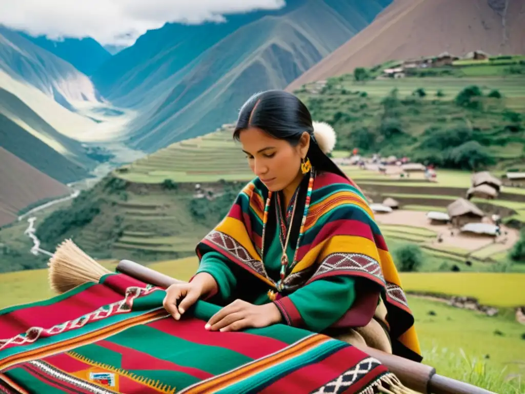 Artesanos andinos tejen patrones artísticos moda Andes, reflejando la rica herencia cultural en textiles tradicionales, en un paisaje impresionante