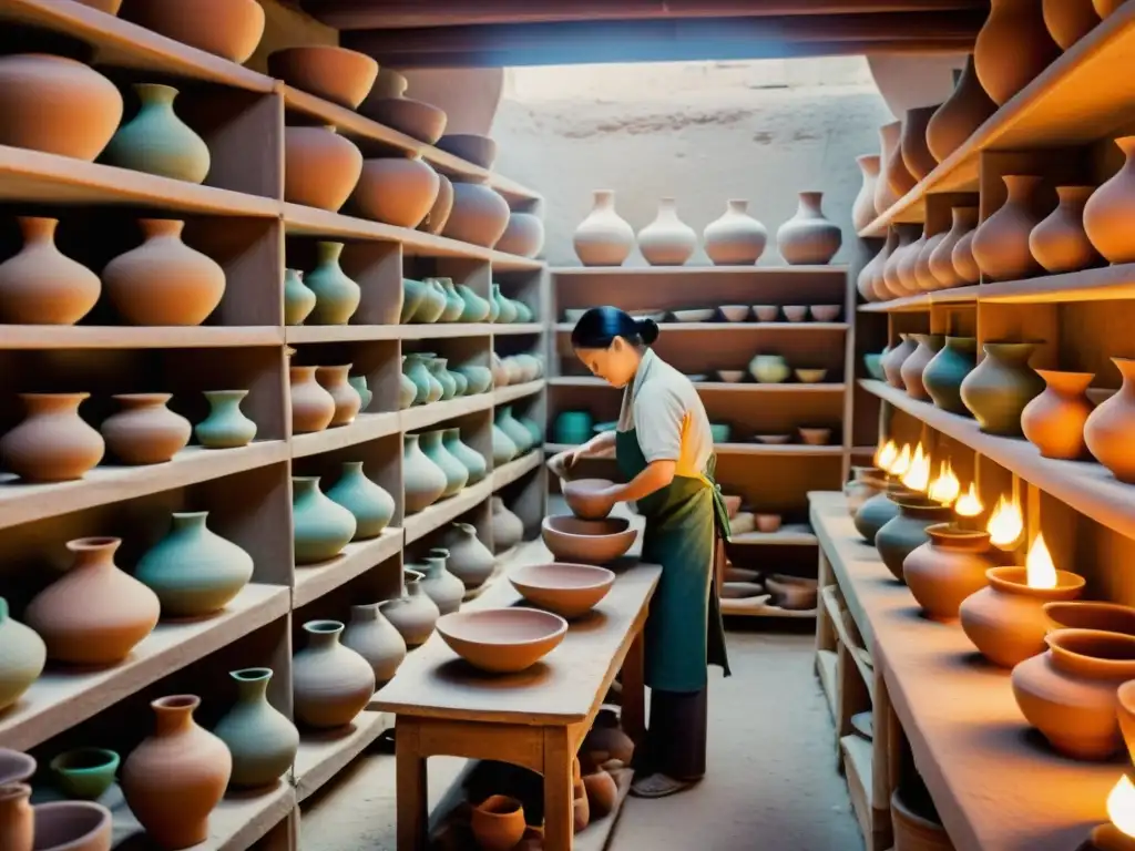 Artesanos asiáticos crean cerámica en taller histórico, iluminados por el cálido resplandor del horno