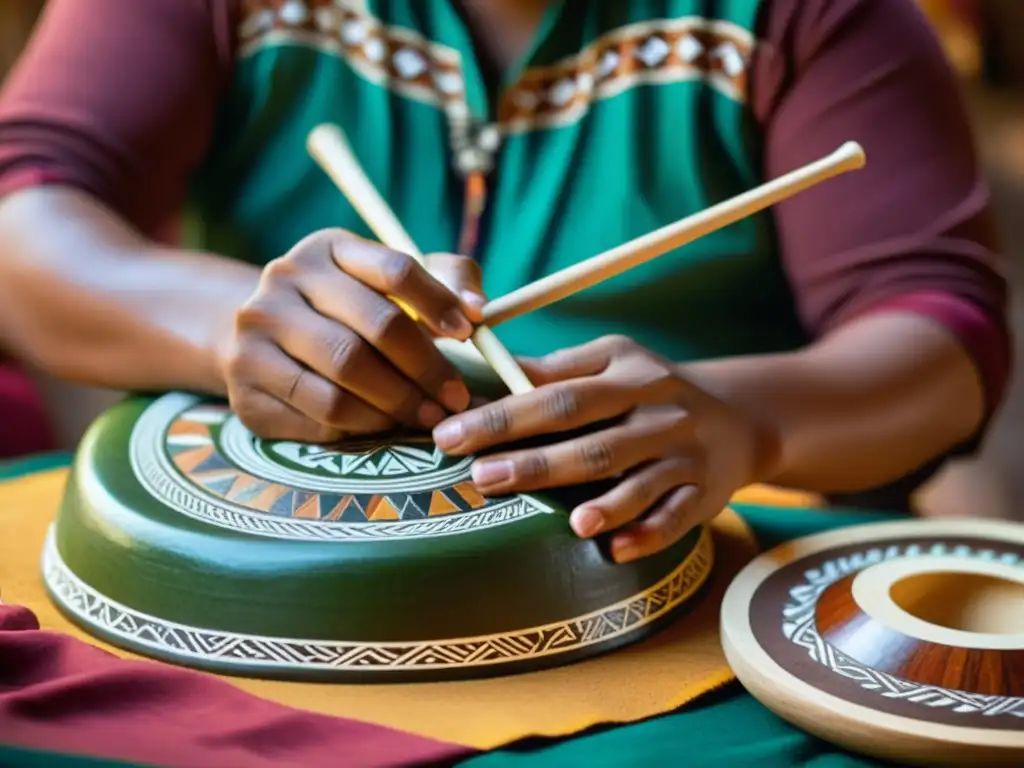 Artesanos autóctonos crean instrumentos con patrones y diseños vibrantes, capturando la rica herencia cultural de la música indígena en América Latina