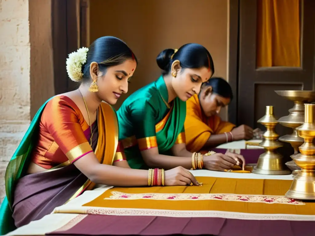 Artesanos tejiendo brocados Banarasi en Varanasi, rodeados de hilos y telas vibrantes, capturando la opulencia y tradición de este antiguo arte textil