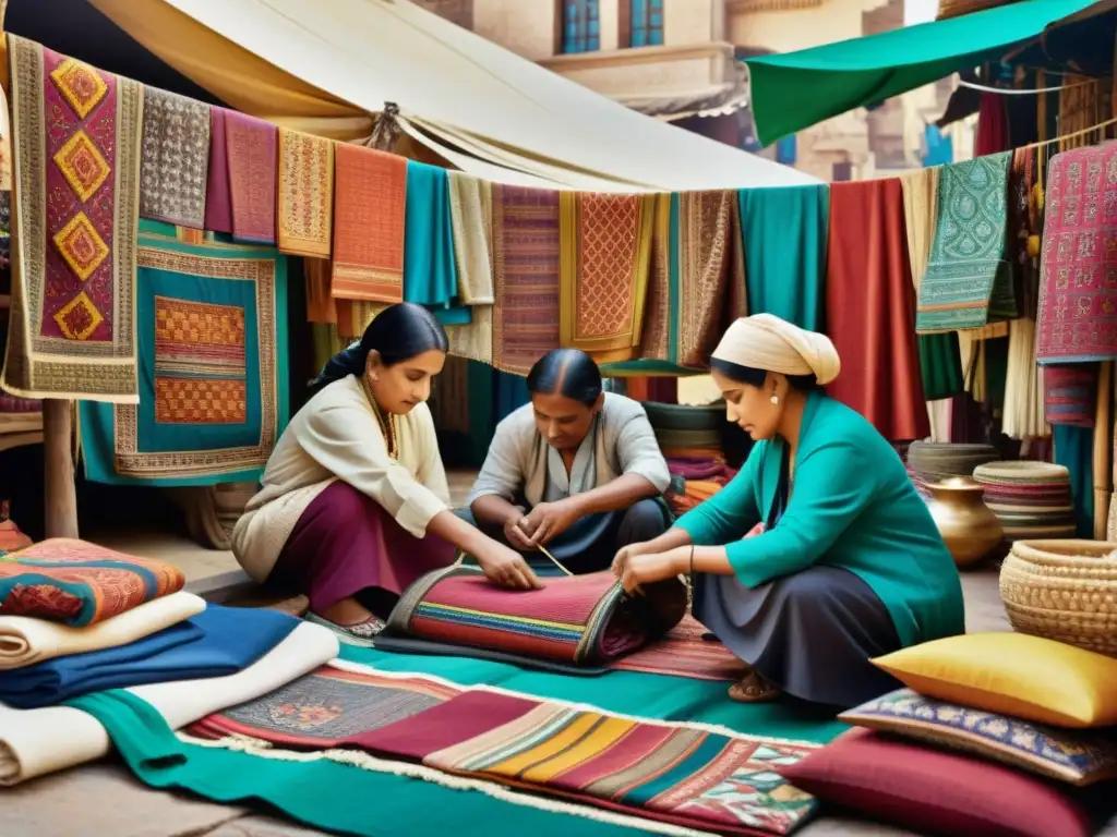 Artesanos trabajando en un bullicioso mercado, exhibiendo vibrantes colores y diseños intrincados en textiles tradicionales