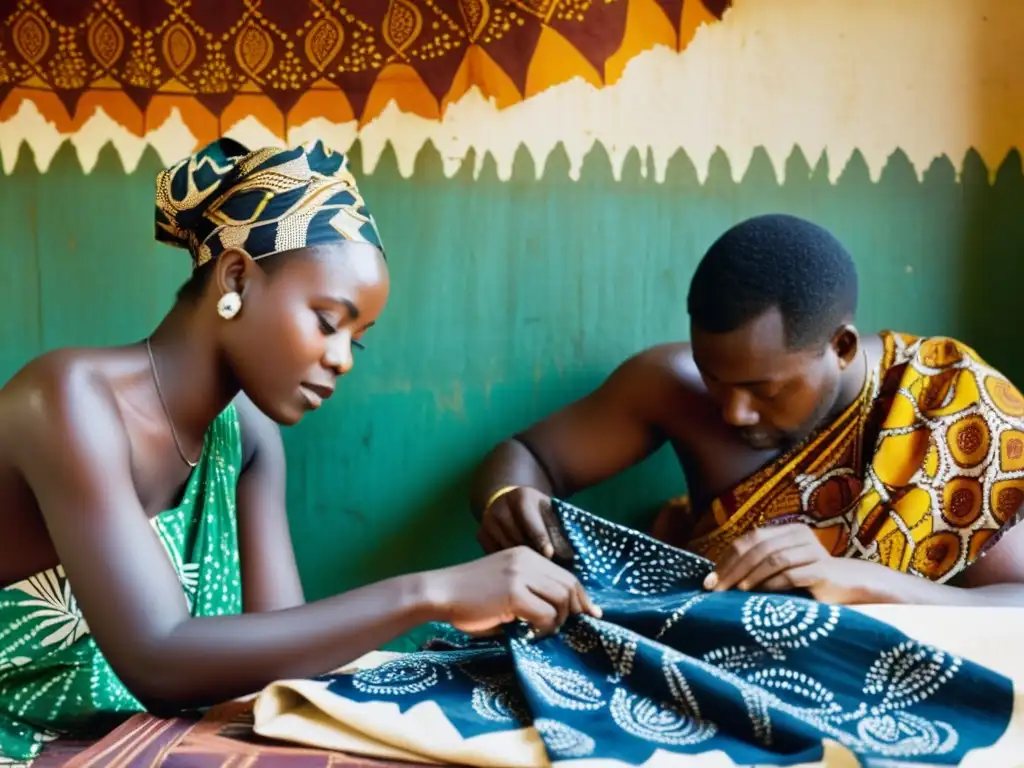 Artesanos aplicando cera con técnicas tradicionales de Batik en África Occidental, exudando un legado cultural y artístico