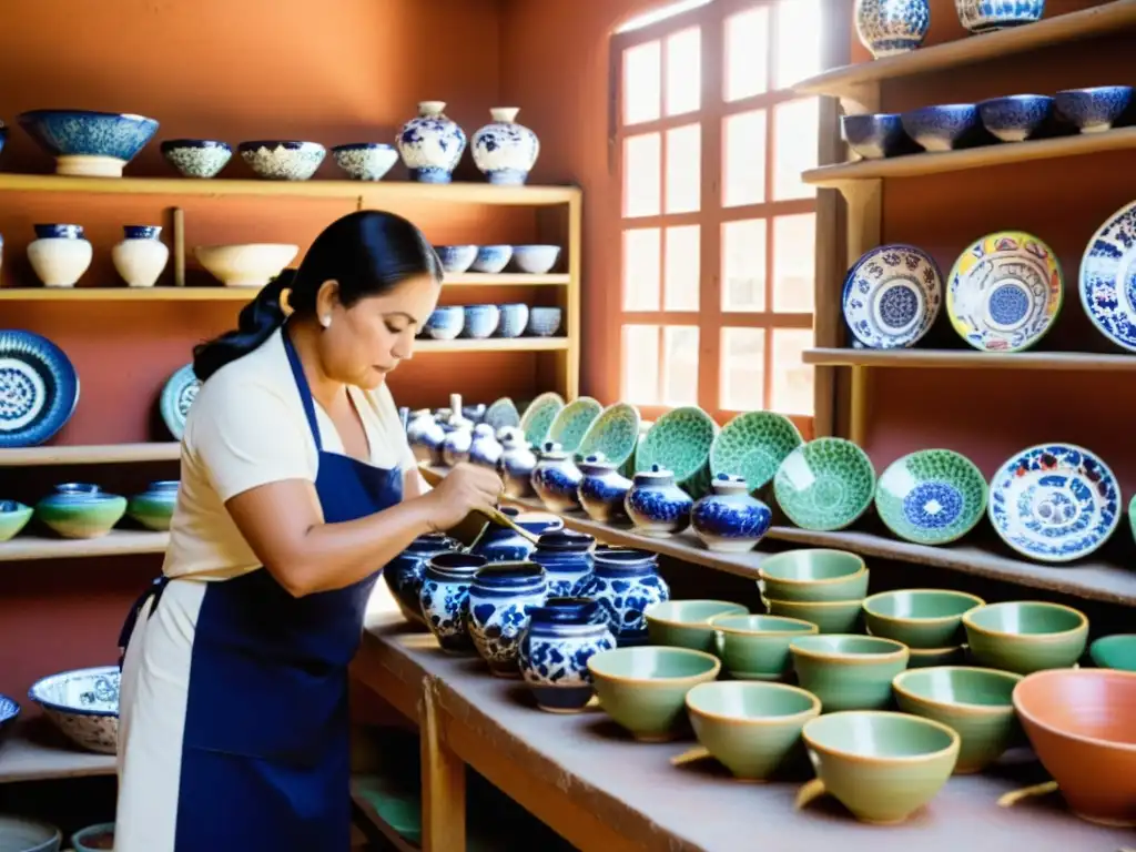 Taller de Talavera: Artesanos pintando cerámica Artesanos pintando cerámica en un taller de Talavera, con vibrante ambiente y detalles artesanales