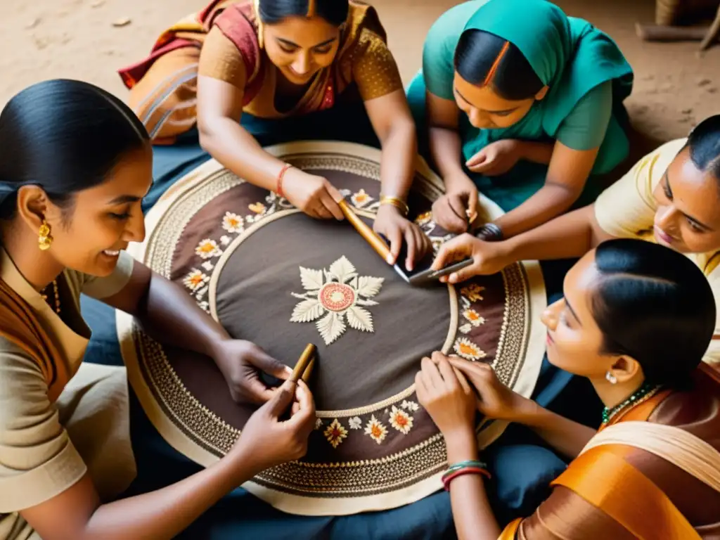 Artesanos de diferentes culturas preservando digitalmente patrones culturales en una colaboración tradicional y cálida