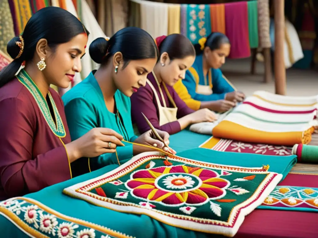 Artesanos de diferentes culturas bordando patrones textiles, reflejando la riqueza del Arte textil de diferentes culturas en un bullicioso mercado