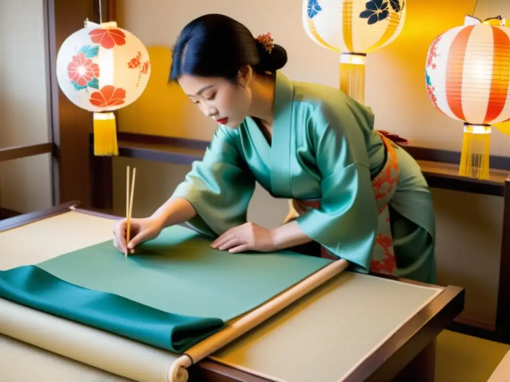 Artesanos estampando delicados kimonos en Kioto, con siglos de tradición y detalles florales, bajo la cálida luz de las linternas de papel