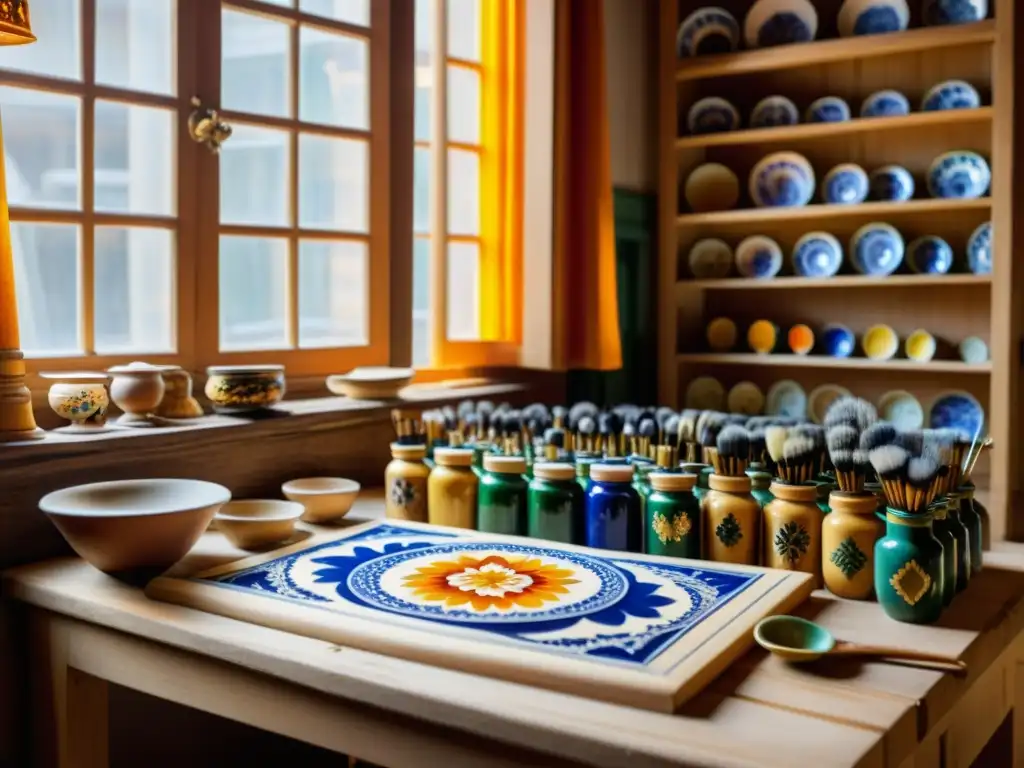 Artesanos pintando detallados patrones rusos en madera y cerámica en un taller tradicional