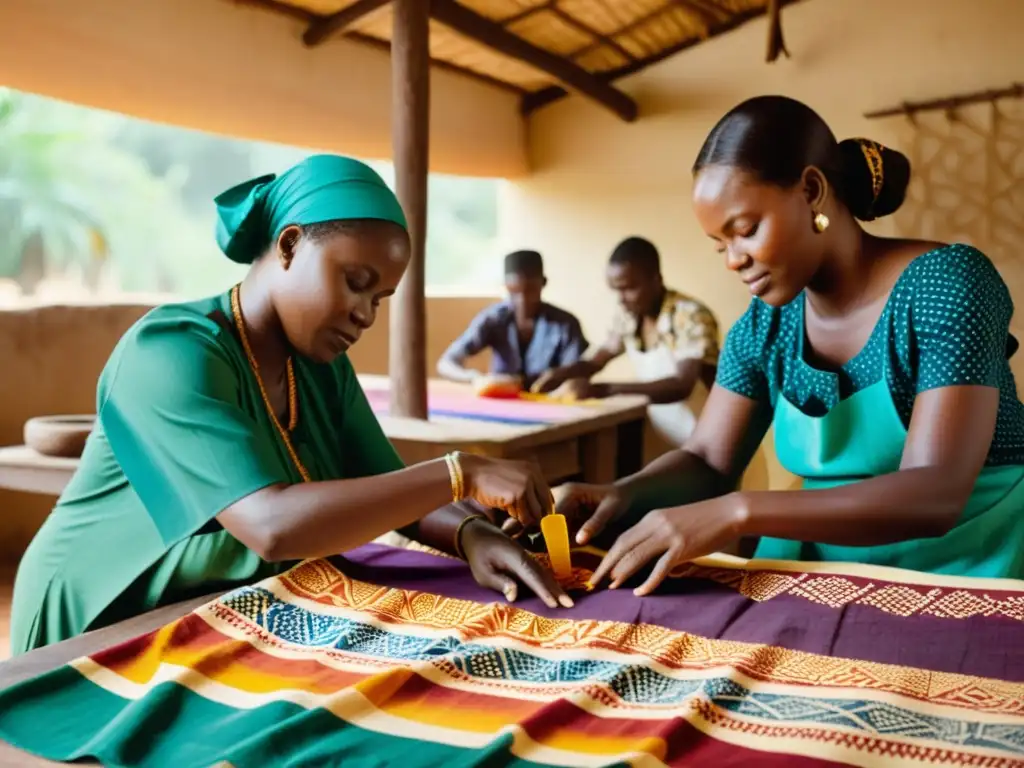 Artesanos aplicando diseños de cera en tela en África Occidental, capturando el arte de la resistencia con detalles exquisitos