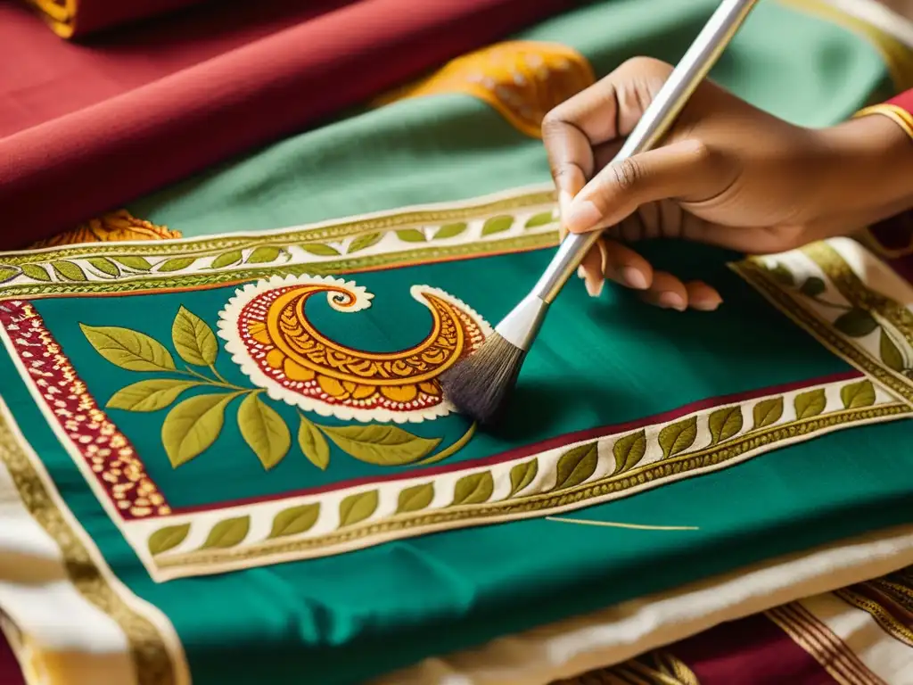 Artesanos pintando meticulosamente diseños en textiles Kalamkari India con colores vibrantes y detallada artesanía