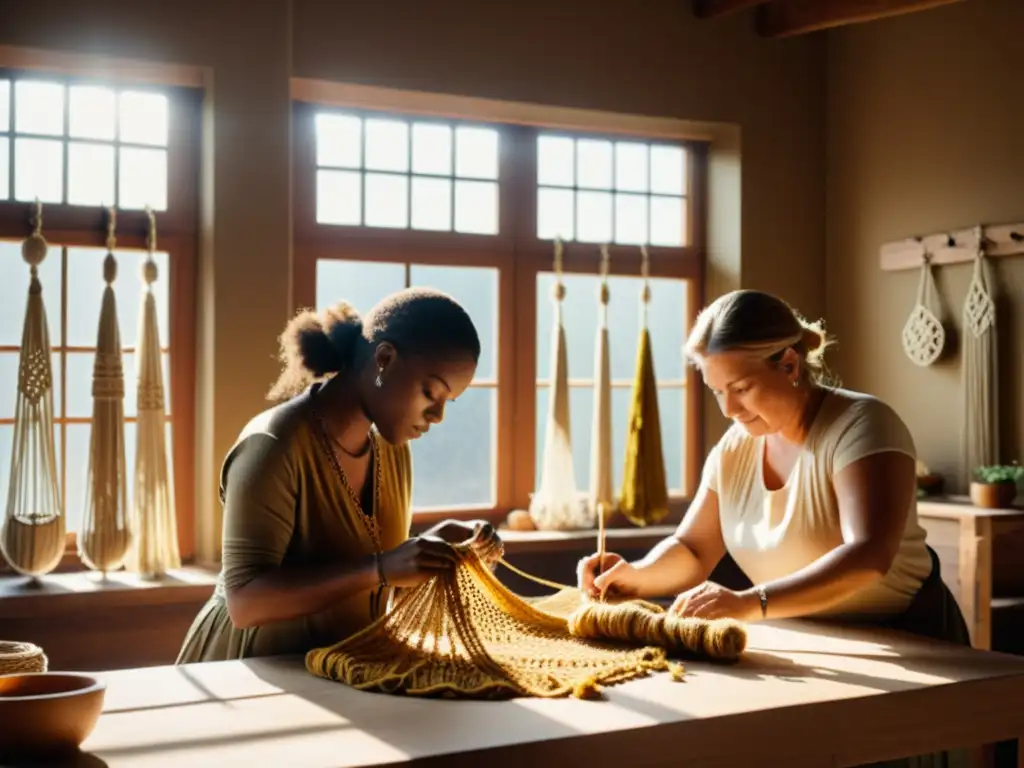 Artesanos crean diseños de macramé con precisión en un estudio soleado