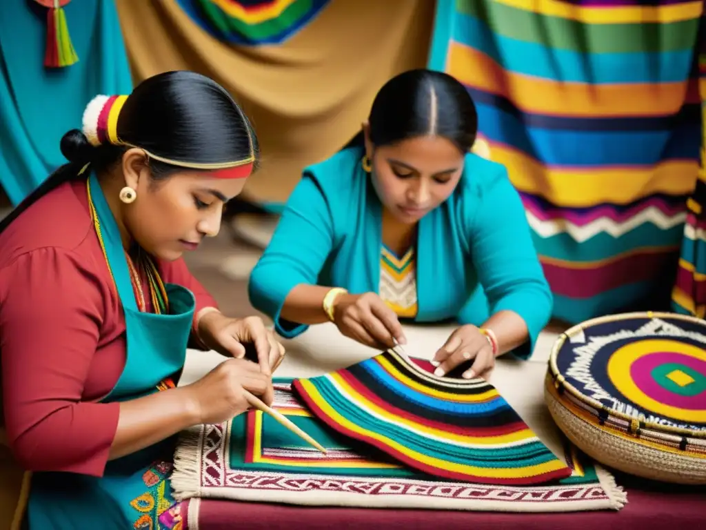 Artesanos ecuatorianos creando arte folclórico, rodeados de textiles y máscaras pintadas a mano