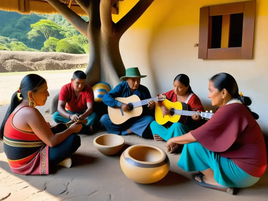 Artesanos ecuatorianos crean diseños patrones en máscaras y cerámica, rodeados de textiles y música folclórica en un patio antiguo al atardecer