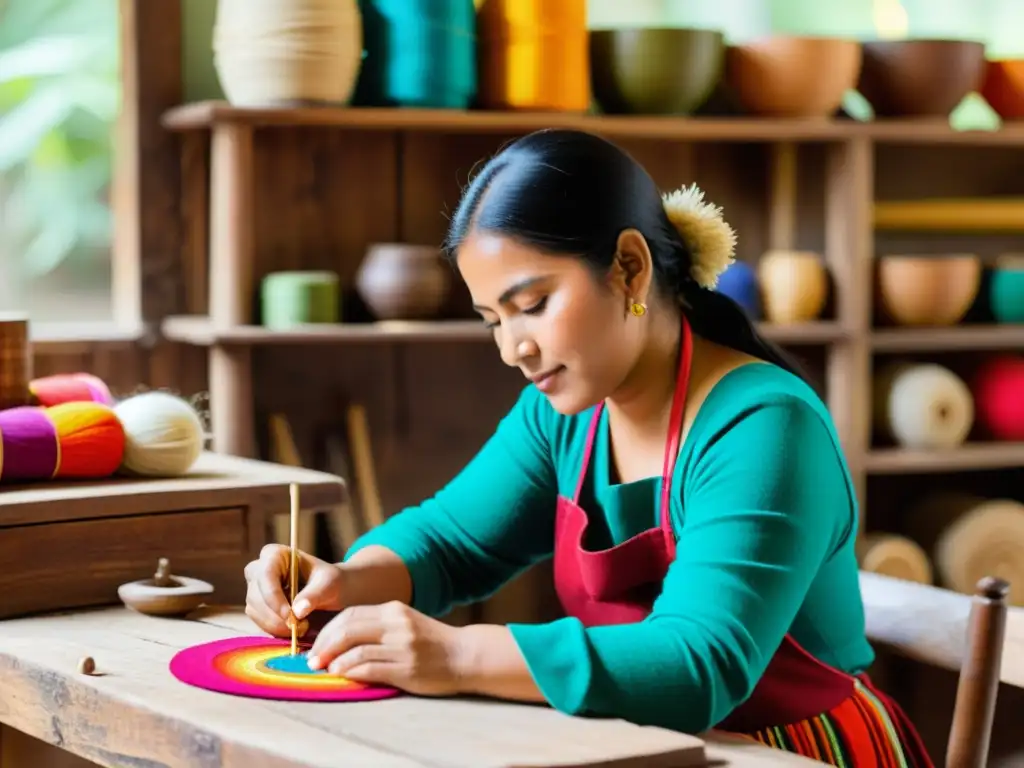 Artesanos ecuatorianos crean diseños vibrantes en taller de arte folclórico, inundado de luz natural y ambiente auténtico