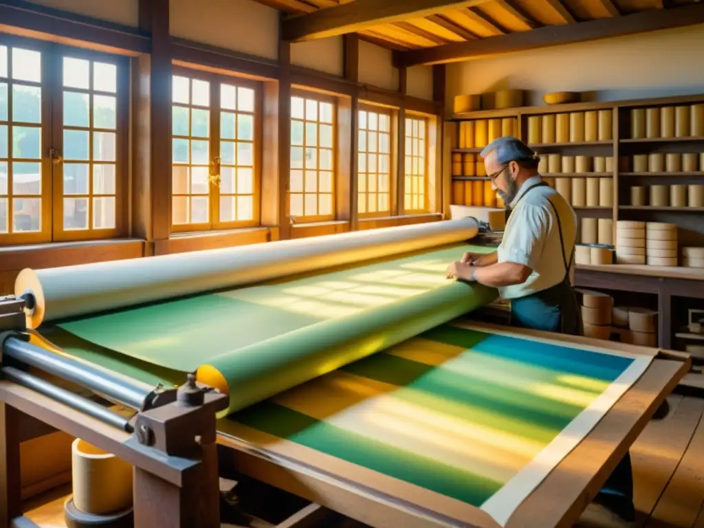 Artesanos europeos imprimen diseños de papel pintado con detalle en taller tradicional, exudando artesanía y belleza atemporal